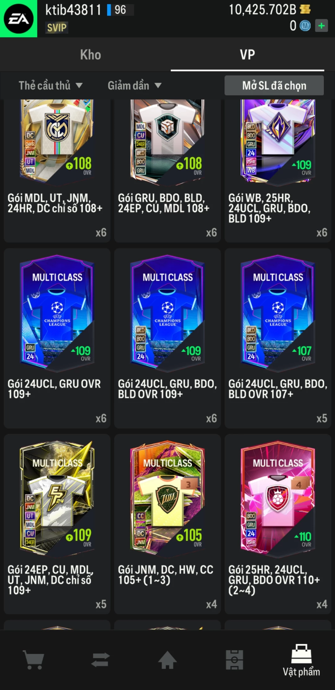 Ảnh ACC mở thẻ (LOẠI SVIP MAX) gồm 700+ đến 1000+ thẻ cầu thủ từ Siêu sao đến Miền núi các loại. Có sẵn BP trắng từ 7000 tỷ BP đến 11000 tỷ BP, ACC còn nhiều ngày SVIP